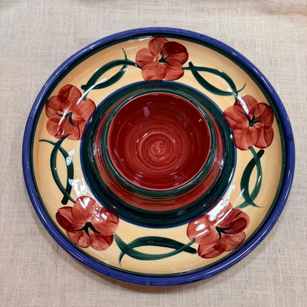 Signed 1997 Hand Painted Ceramic Chip and Dip Server Floral Hibiscus Signed